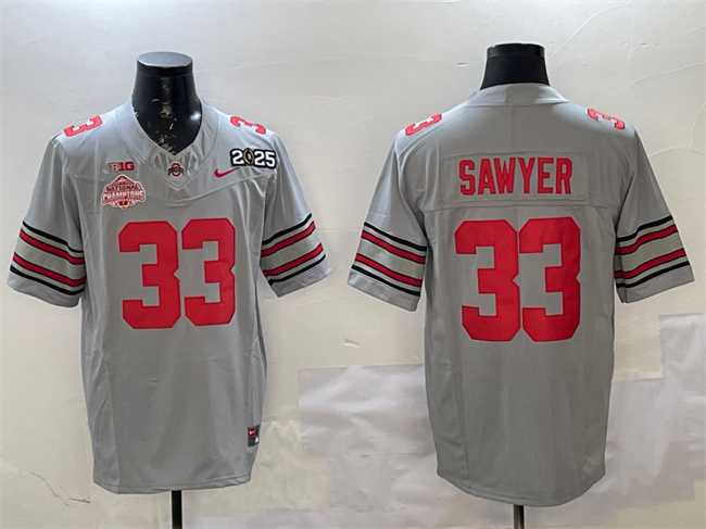 Men%27s Ohio State Buckeyes #33 Jack Sawyer Grey 2025 CFP Final With National Champions Patch F.U.S.E. Vapor Limited Stitched Football Jersey